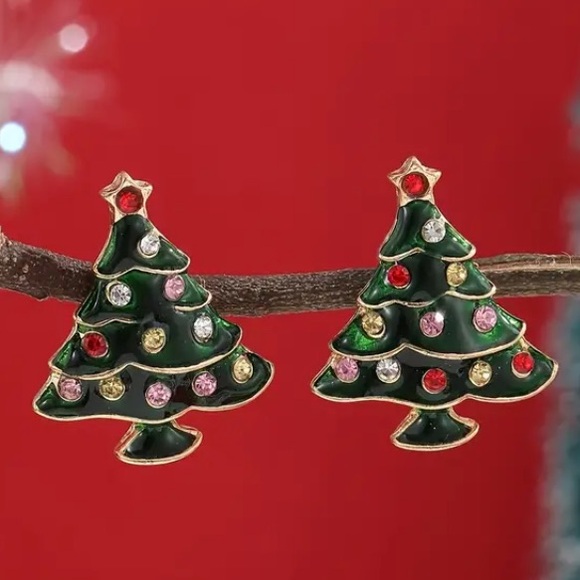 Multicolor Christmas Tree Holiday Gold Toned Stud Earrings - Picture 2 of 2